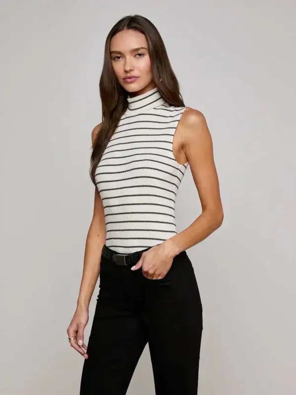 L’AGENCE Angie Mock Neck Striped Ribbed Tank